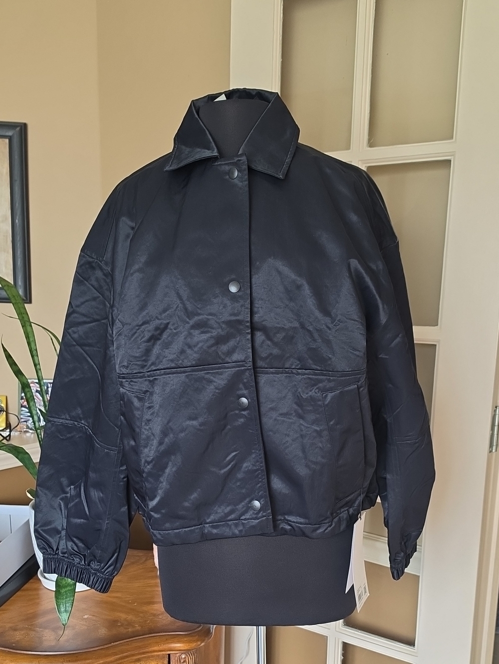 Coaches Black Satin Bomber Jacket with Snap Closure. NWT